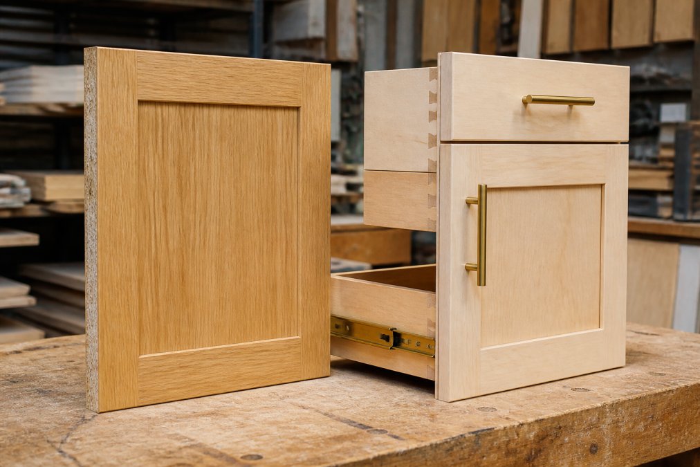 Two cabinet doors side by side on a workbench: one plain mass-produced oak door with visible particle board edge, next to a handcrafted maple door with dovetail drawer joints and brushed brass soft-close hardware, bright workshop lighting