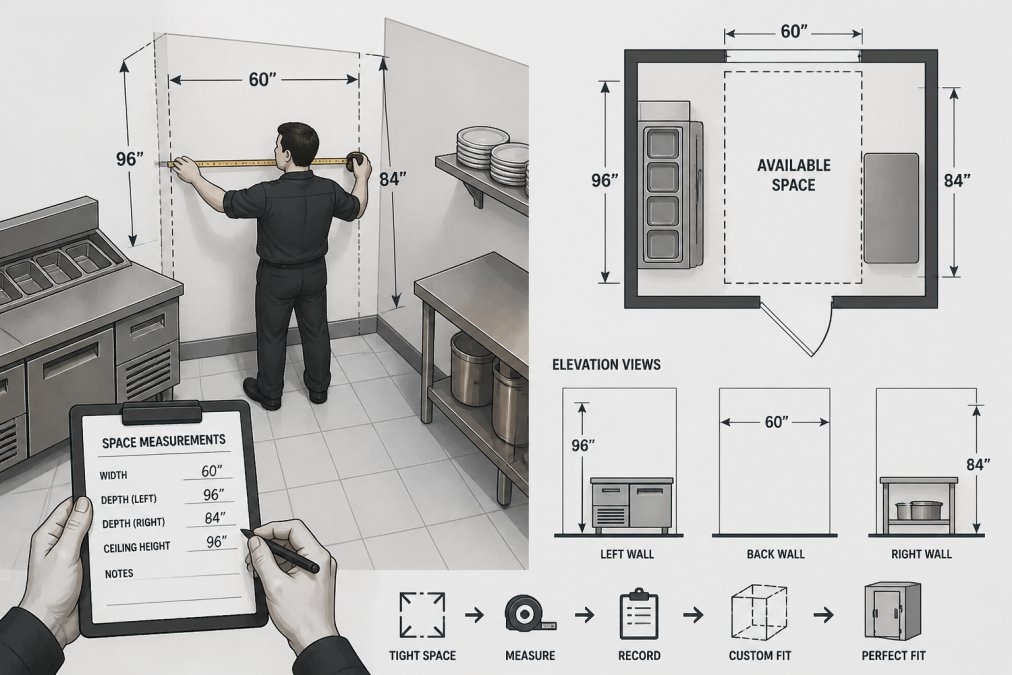 Diagram illustrating the step-by-step process for measuring tight kitchen corners to determine equipment dimensions.