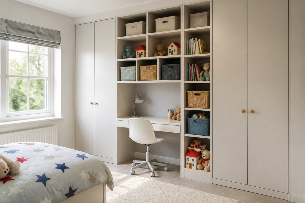Bright child's bedroom featuring a custom wardrobe design with integrated shelving, storage baskets, and a desk.