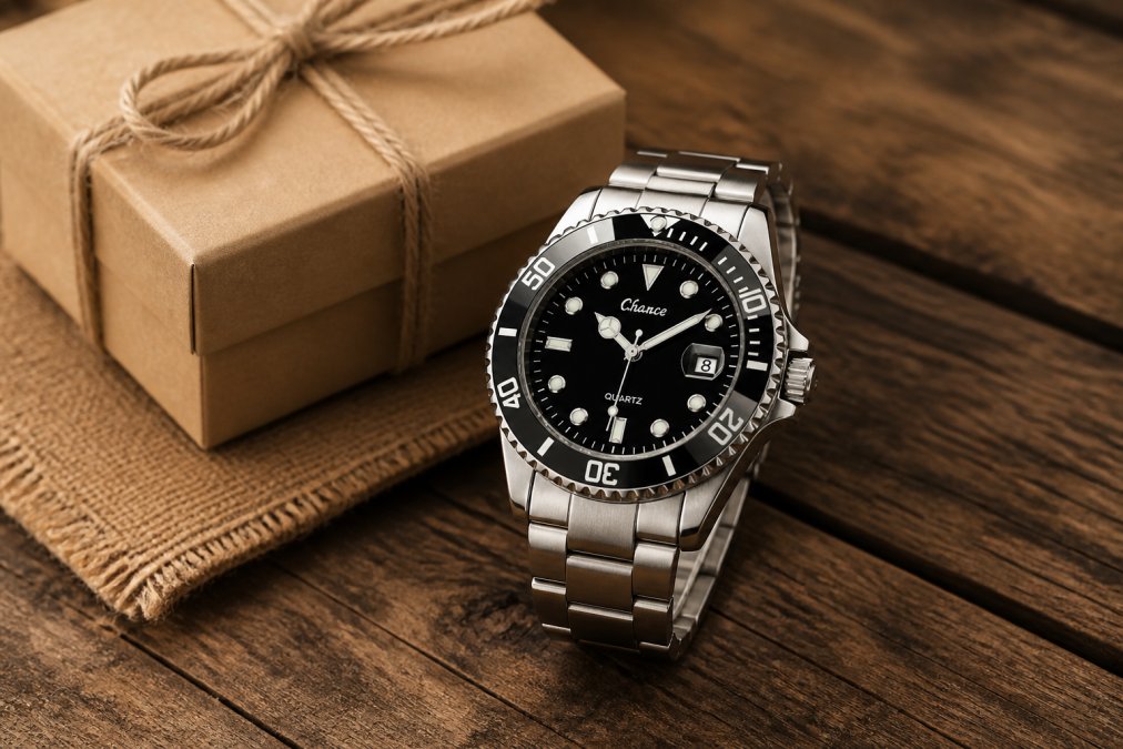 Close-up of a handcrafted wooden watch with a genuine leather strap resting on a rustic wooden surface next to a small gift box, warm natural lighting