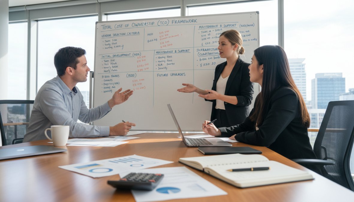 A small team of three developers and a client collaborating around a whiteboard covered in project scope notes, budget figures, and sticky notes in a bright modern Auckland workspace with large windows