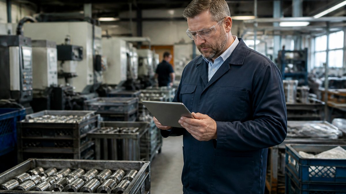 Manufacturing supervisor reviewing production data on a tablet on the shop floor, with machinery and inventory bins visible in the background