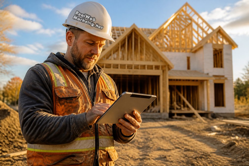 A contractor in a work vest and hard hat reviewing a website on a tablet at a residential build site, a partially framed house behind him in warm afternoon light