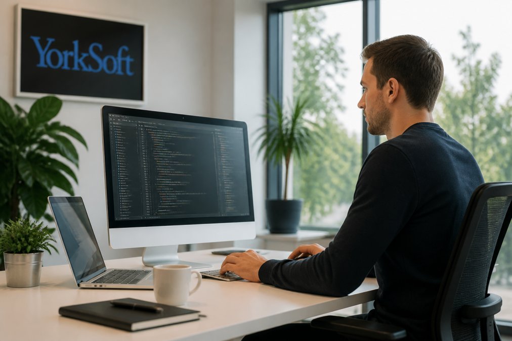 Professional working at a modern desk reviewing website analytics on multiple monitors, natural office lighting streaming through windows, focused expression