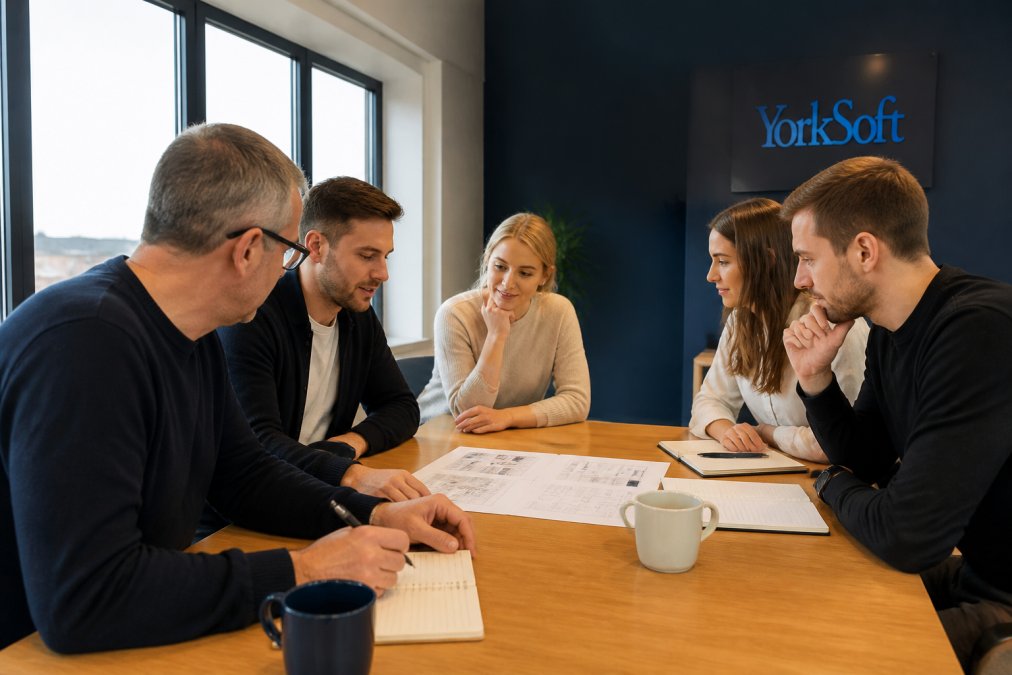 Team of professionals in a modern Northampton office gathered around a desk reviewing website performance metrics on screens, collaborative atmosphere with laptops and notebooks