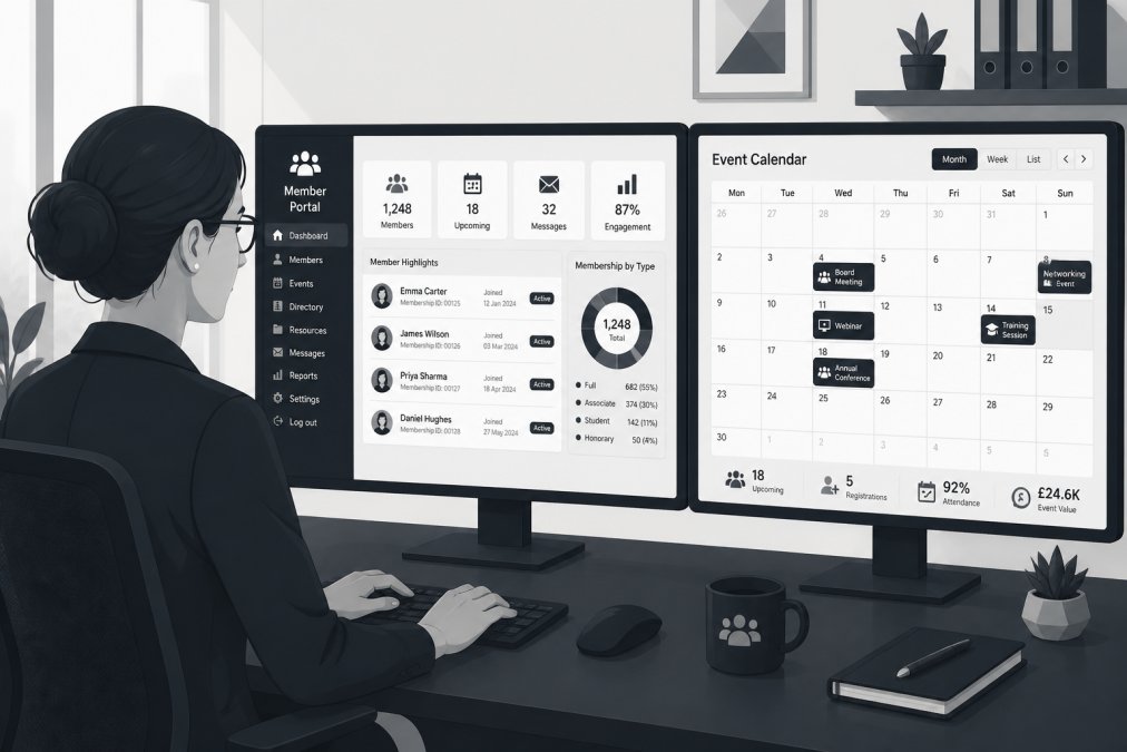 Association secretary working at desk with dual monitors displaying a member portal dashboard, showing member profiles and event calendars with natural office lighting