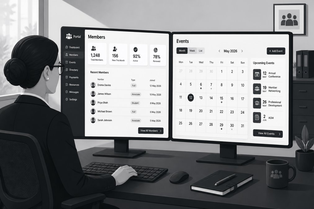 Professional illustration showing custom web development for associations