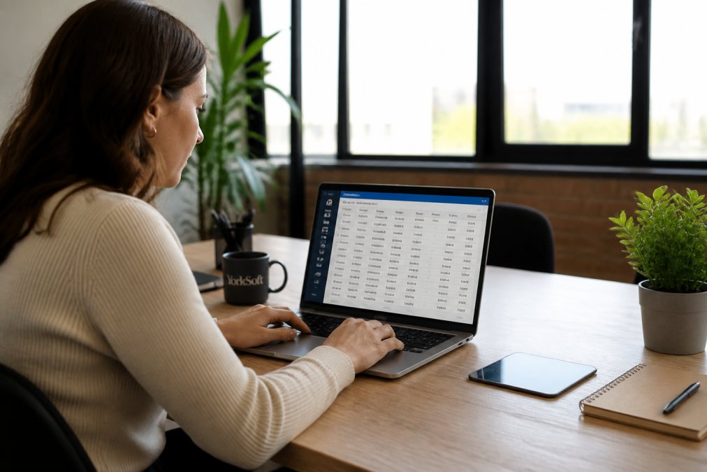 Charity team member using a laptop to review donor records and engagement metrics displayed on screen in a bright, modern office setting with natural light streaming through windows