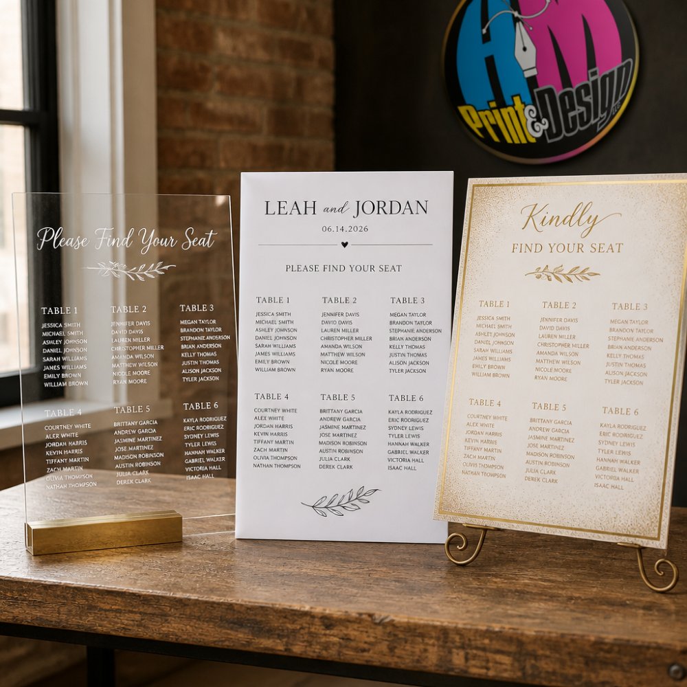 Comparison chart showing material types and styles for custom wedding seating chart signage options