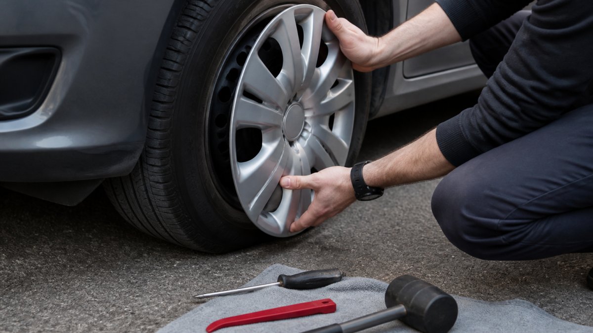 Close-up of hands pressing a snap-on wheel cover onto a car wheel, with installation tools resting on the ground nearby