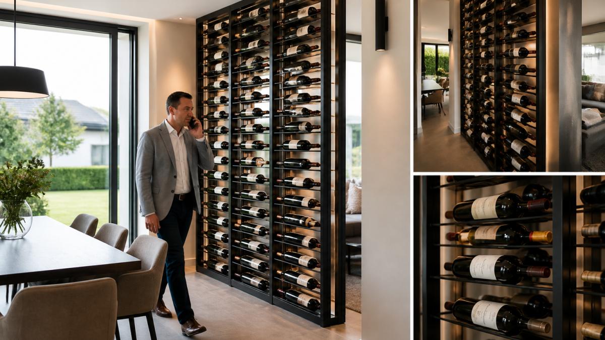 Matte black modular wine rack acting as a room divider in a modern home with label-forward bottle storage