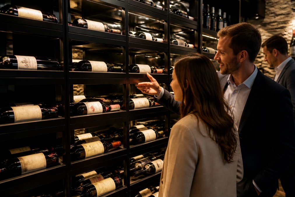Modern wine cellar featuring label-forward matte black racks illuminated by warm integrated LED spotlights.