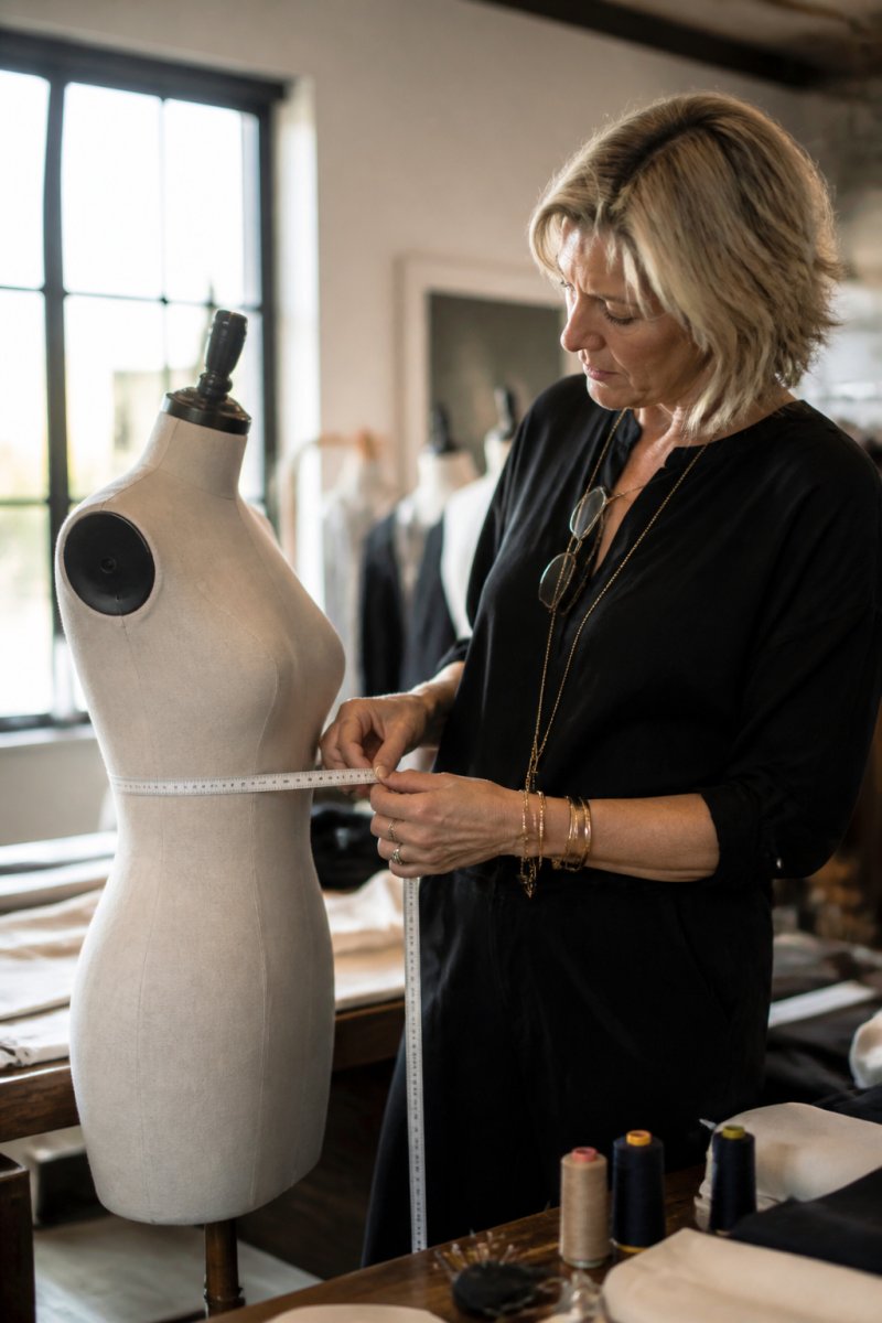 Professional seamstress taking precise measurements on a dress form in a bright, modern atelier space with natural light streaming through windows