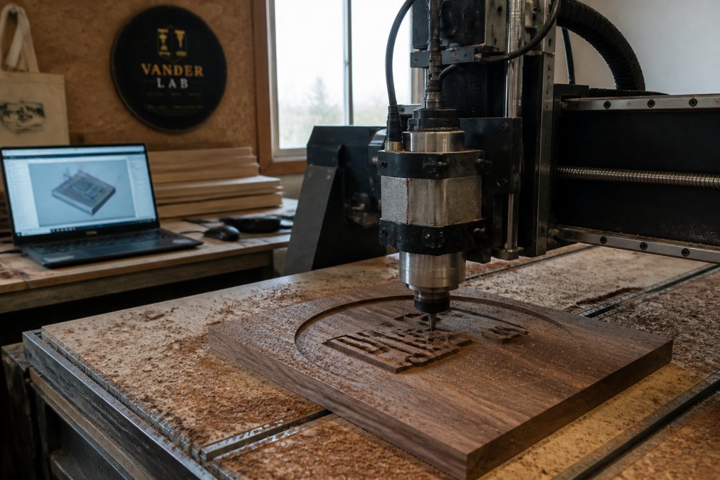 A CNC router cutting a hardwood panel inside a small home fabrication workshop, wood shavings scattered across the bed, a laptop showing a toolpath in the background