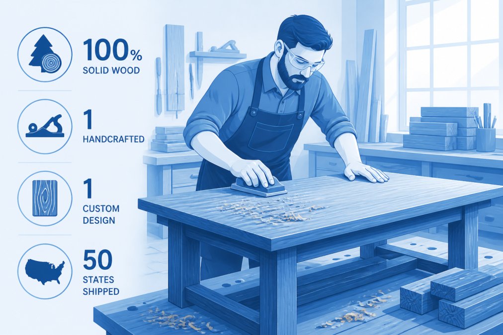 Skilled woodworker in a workshop carefully hand-sanding a custom wooden table, with natural wood shavings visible and solid wood pieces arranged on workbenches in the background, warm natural lighting from workshop windows