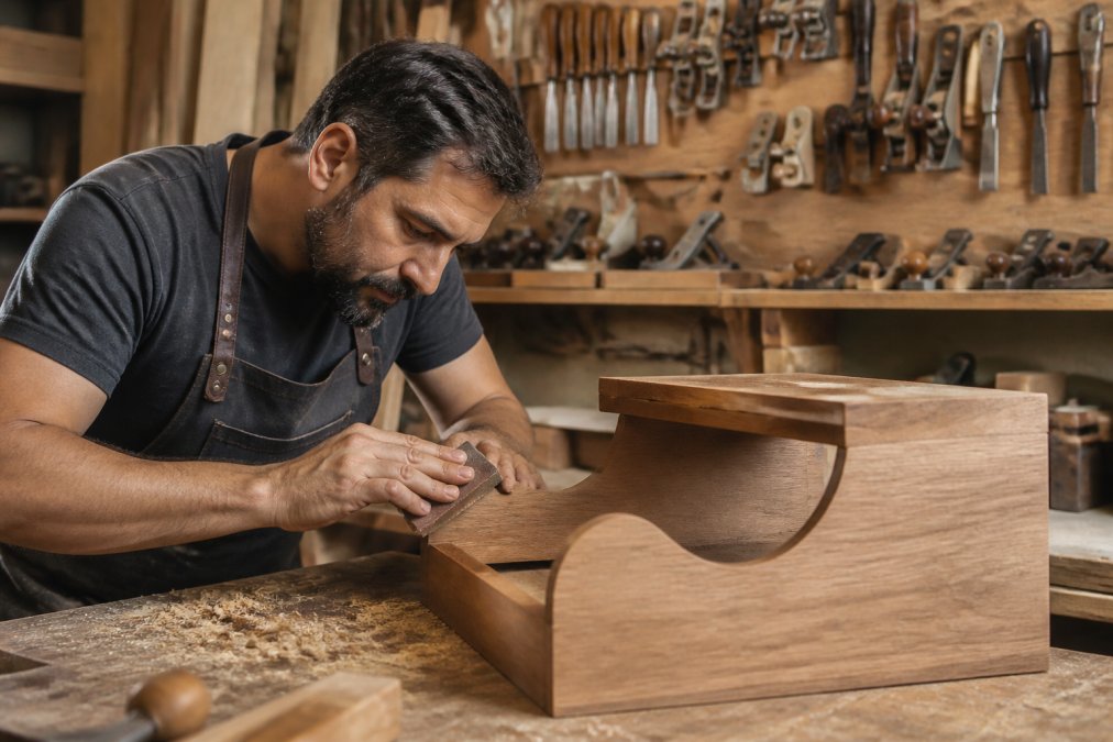 Experienced woodworker in a well-lit workshop carefully hand-sanding a custom wooden furniture piece, with wood shavings visible on the workbench and tools organized on the wall behind
