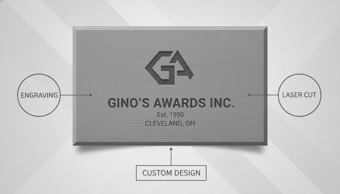 Close-up of intricately engraved wood plaque showing company logo with fine detail and professional laser-cut edges, demonstrating craftsmanship on polished walnut surface