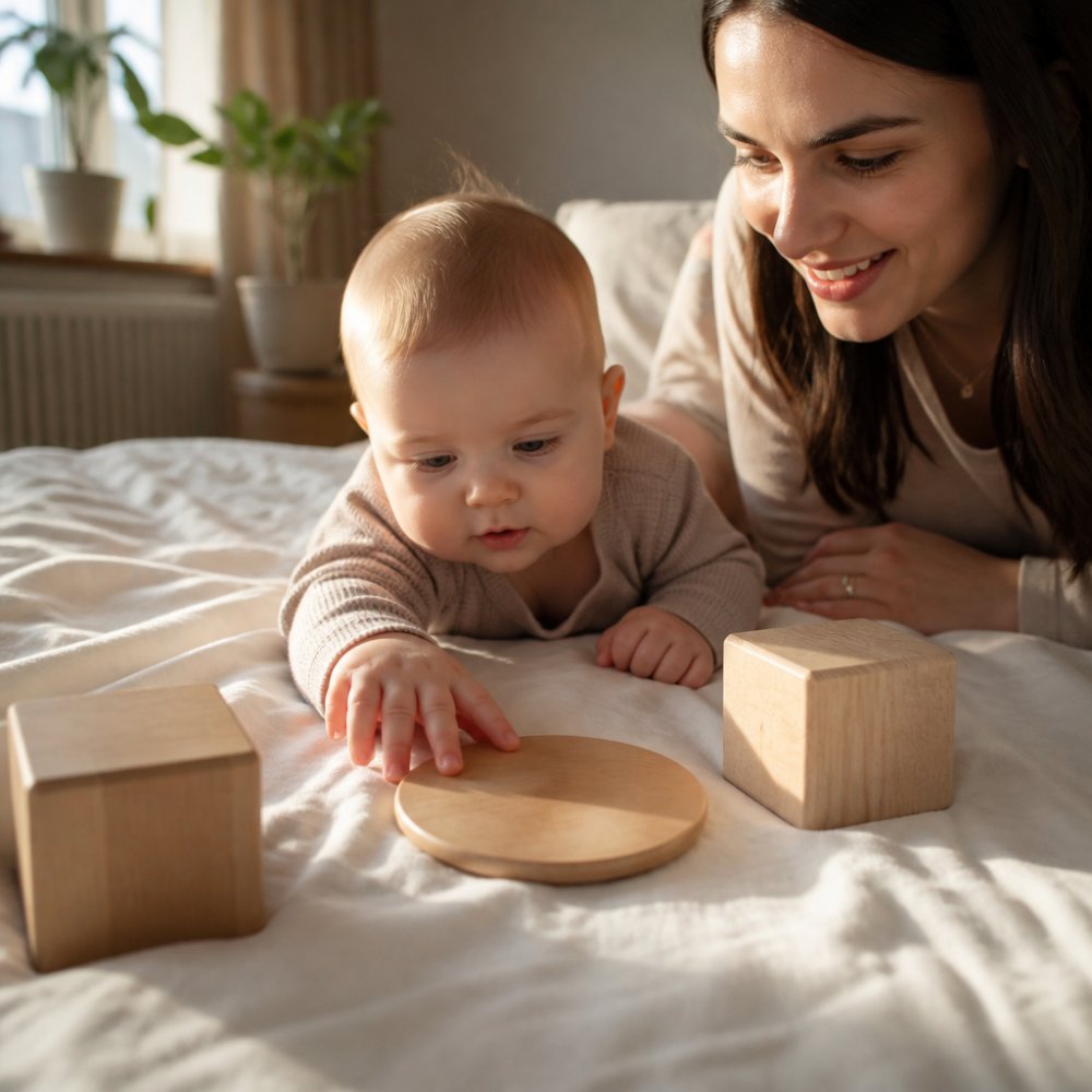 Close-up of wooden milestone blocks arranged on soft white bedding with a baby's hand reaching toward a personalised disc, natural window light streaming across the scene, neutral nursery setting with potted plants blurred in background
