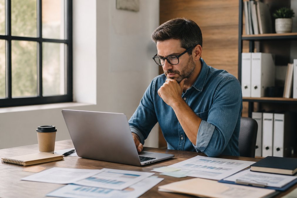 Small business owner sitting at a desk working on a laptop with focused concentration, surrounded by business materials, coffee cup, and notebook in bright natural office lighting