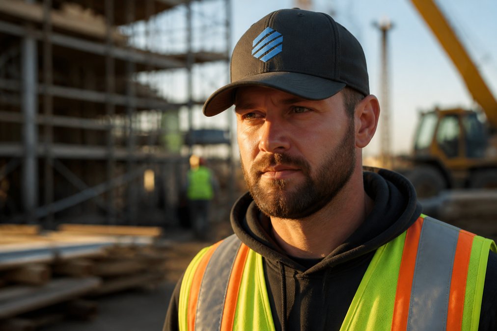 Close-up of a construction worker wearing a custom embroidered work hat with a company logo, standing on a job site with scaffolding and equipment blurred in the background, late afternoon sunlight