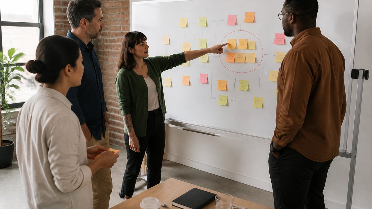 A team mapping admin tasks on a whiteboard to identify bottlenecks for workflow automation.