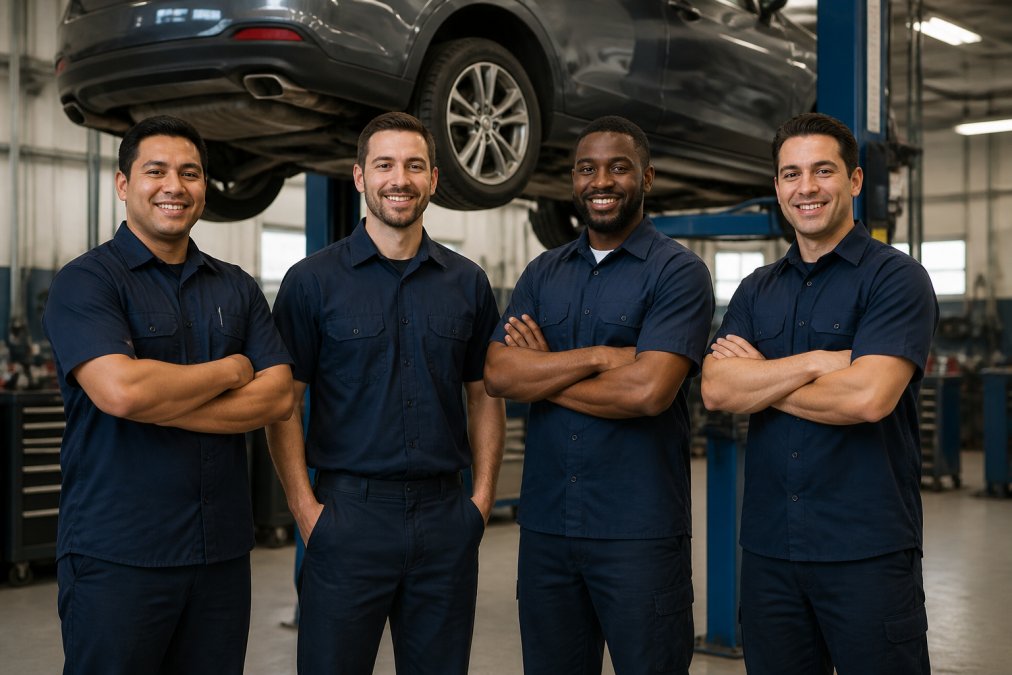 Auto shop technicians wearing matching navy branded work shirts with embroidered chest logos, standing in a clean well-lit service bay with a vehicle raised on a hydraulic lift behind them