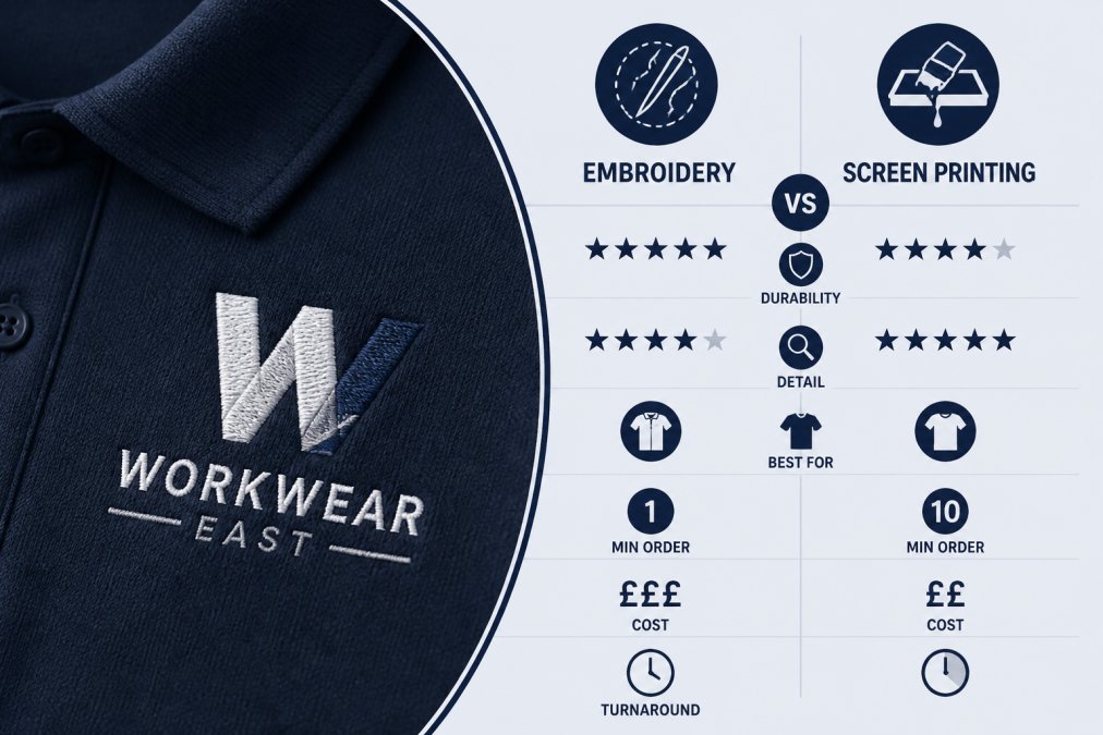 Close-up of embroidered polo shirt showing intricate multi-colour company logo with visible thread texture and stitching detail on navy fabric