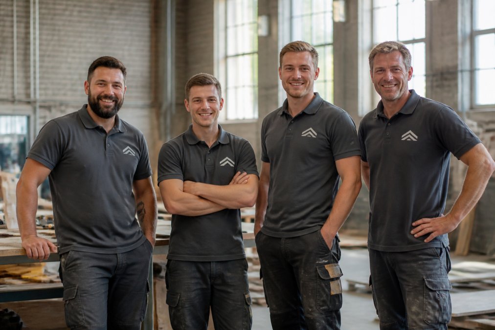 Team of construction workers wearing matching branded work shirts with printed company logos, standing together in a bright industrial workshop setting with natural light from large windows