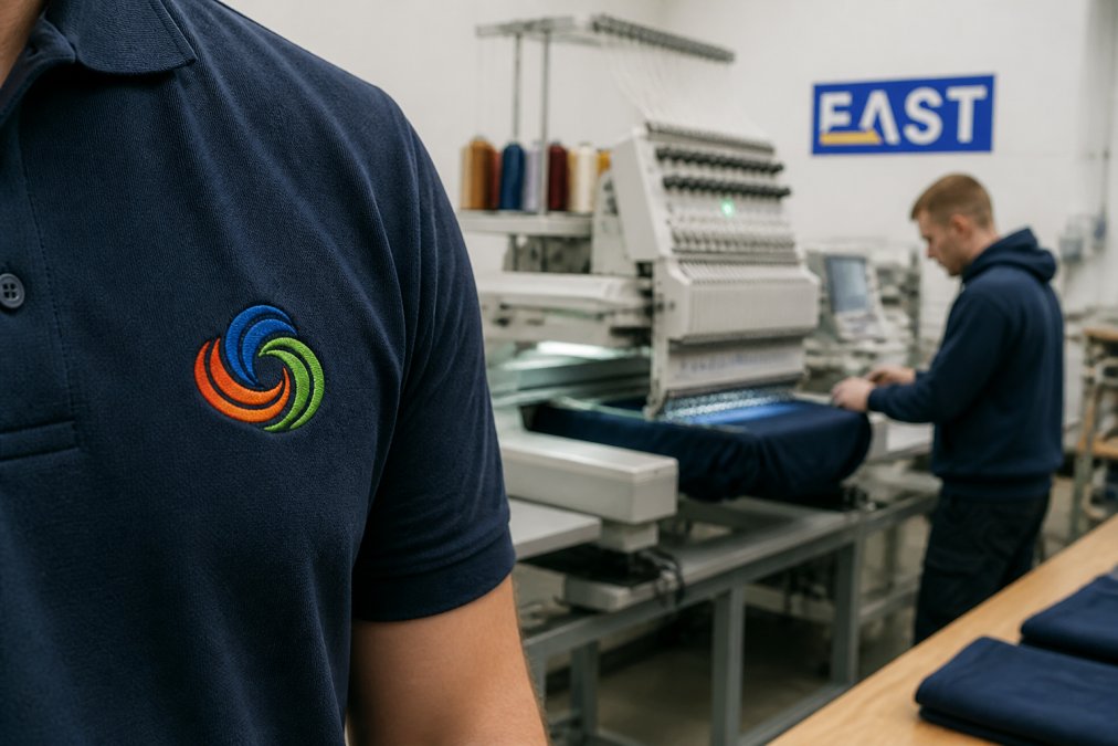 Close-up of a multi-colour embroidered company logo on a navy polo shirt, with a commercial embroidery machine stitching another garment in the background of a bright workshop