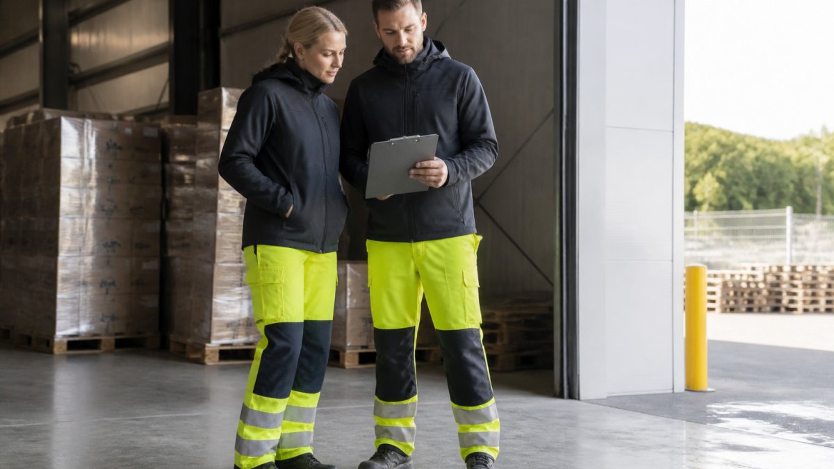 Two workers on a warehouse floor wearing branded hi-vis trousers and softshell jackets, one checking a clipboard, natural daylight through loading bay doors