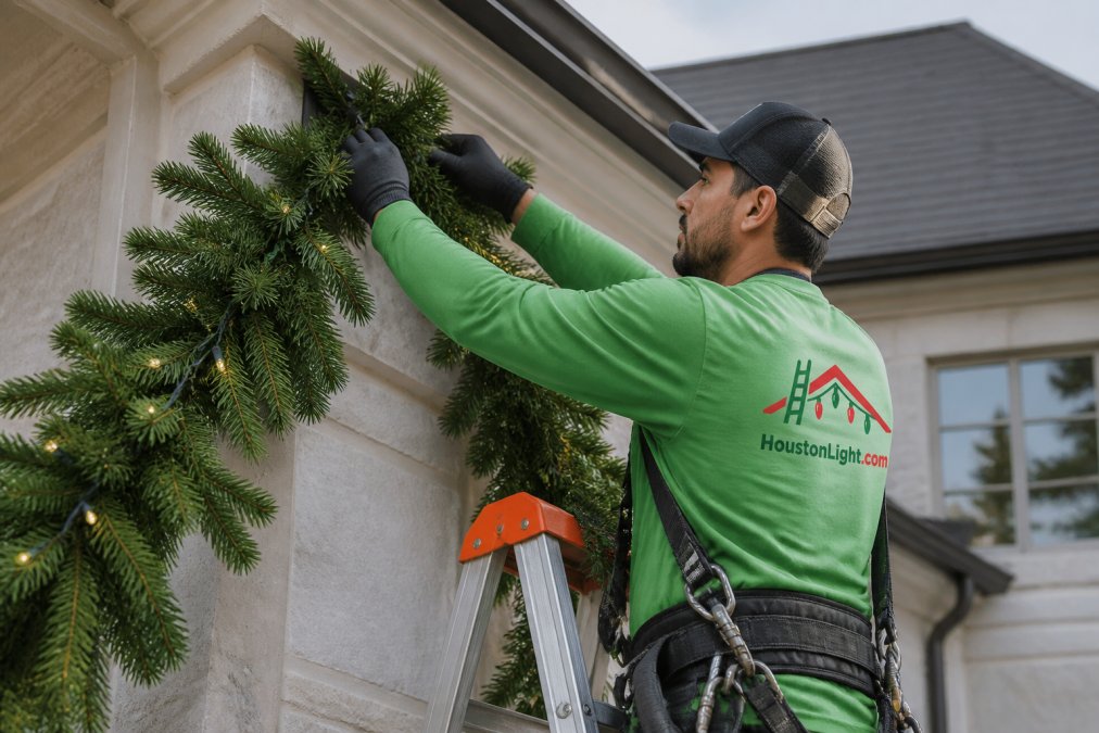 Professional installer securing a lush green garland to a home's exterior with weatherproof hardware, showing proper technique and safety equipment
