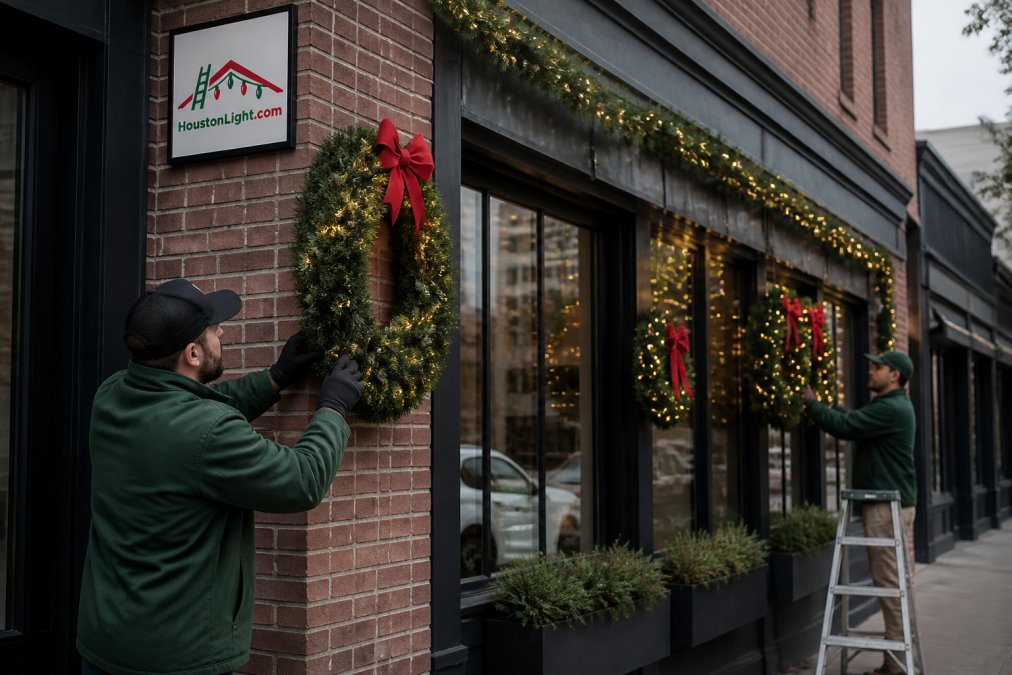 Elegant holiday display on a commercial storefront featuring custom wreaths, garland, and integrated lighting creating festive curb appeal