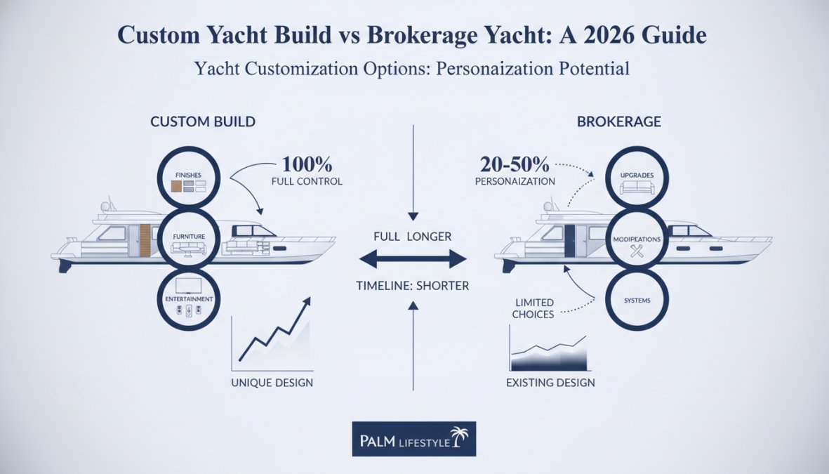 Professional illustration showing custom yacht build vs brokerage