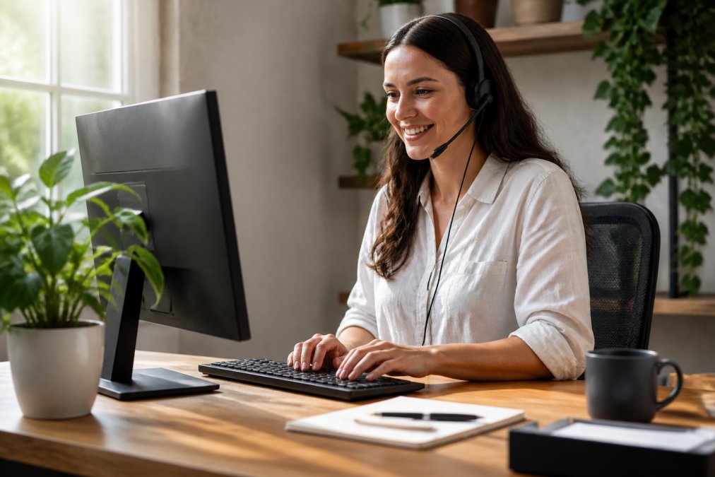 Smiling support agent using live chat to build brand identity in a bright office