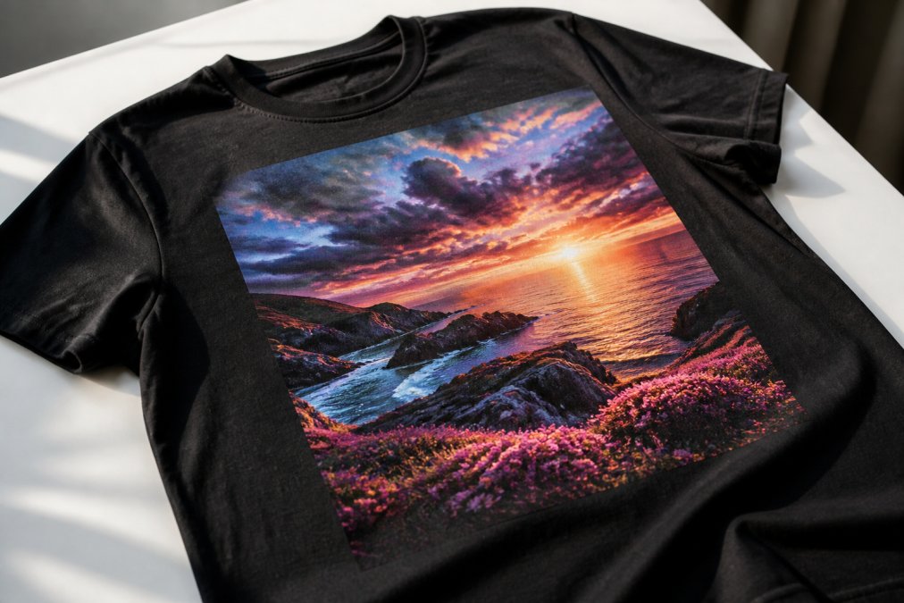 Close-up of a finished custom t-shirt showing detailed color photo printing with vibrant gradients and fine detail, laid flat on a white surface with natural daylight