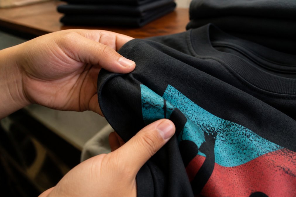 Close-up of hands holding and feeling the fabric of a dark-colored cotton t-shirt, showing the texture and print quality under warm indoor lighting