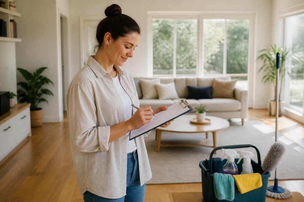 Person checking a customised home cleaning list in a bright, tidy living room with supplies nearby
