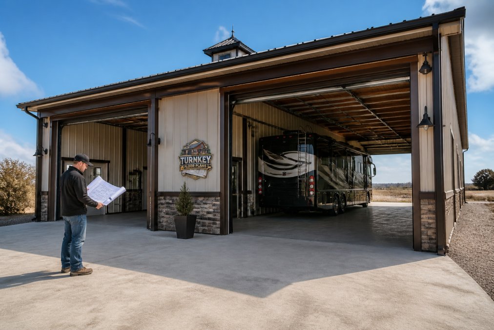 A wide-angle real-life photograph of a large steel-frame barndominium with a drive-through RV garage bay, showing a motorhome parked inside and an open overhead door at each end, with a person standing near the entry checking a set of blueprints