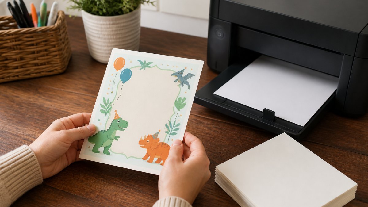 A parent's hands holding a freshly printed kids birthday invitation next to a home printer and a small stack of cardstock on a tidy wooden desk