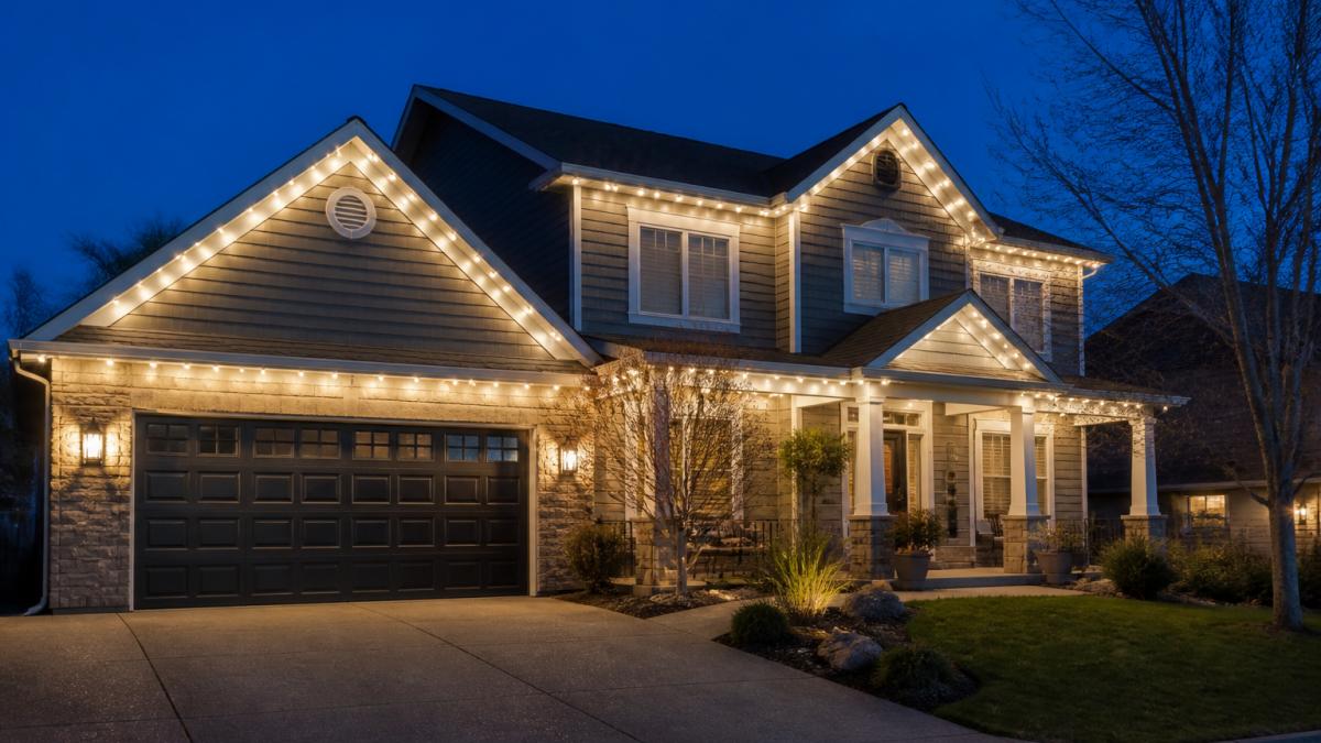 Two-story suburban home at dusk featuring clean, glowing led roofline lights along the eaves.