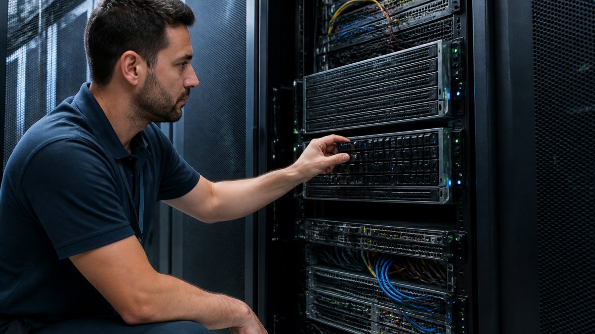 A technician in a data center aisle inspecting a rack-mounted server, with visible drive bays and cabling, cool blue lighting