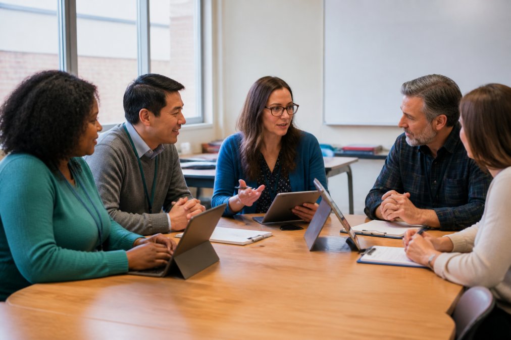 Feature overview showing Diverse group of educators in a school meeting room discussing assessments around a table with la...