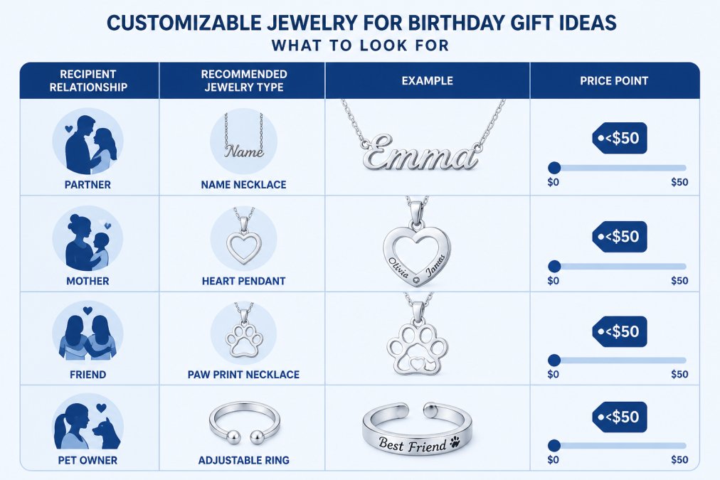 Decision matrix mapping recipient relationship (partner, mother, friend, pet owner) against recommended jewelry type (name necklace, heart pendant, paw print necklace, adjustable ring) and price point under $50