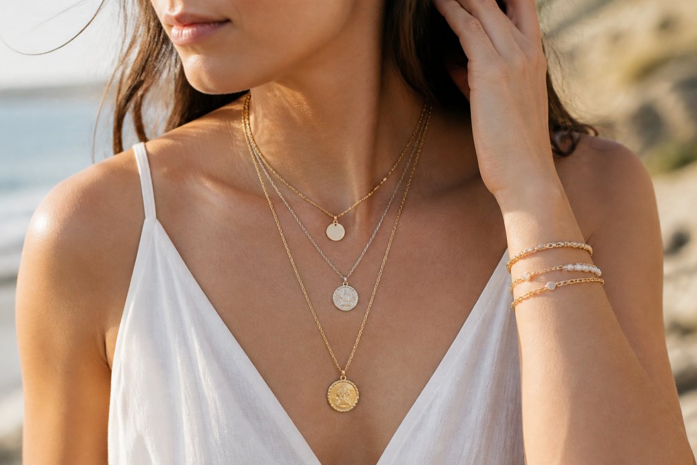 Woman wearing layered personalized gold and silver necklaces and delicate bracelets in warm natural sunlight, showing multiple customizable pieces stacked together, with soft focus background