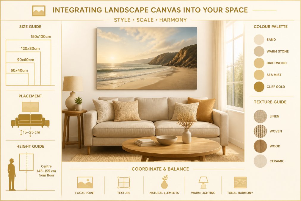 Modern living room featuring a large landscape canvas displaying a serene coastal scene with soft blues and sandy tones as the focal point above a neutral linen sofa, with coordinating cushions in natural textures and warm wooden side table, bright natural light from large window