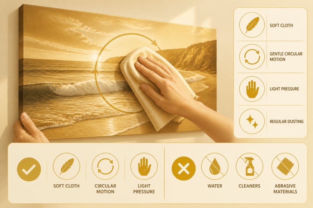 Close-up of hands gently dusting a landscape canvas print with a soft, lint-free cloth using light circular motions, showing proper care technique with natural side lighting
