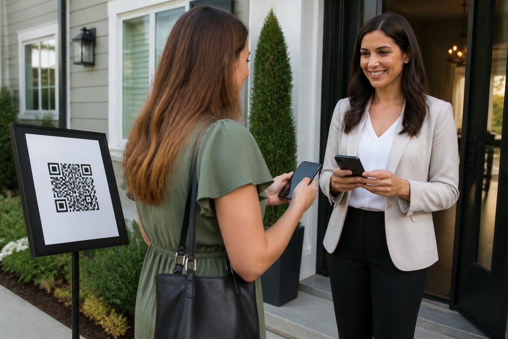 Real estate agent and visitor using an open house app to verify identity via a secure codeword at the door