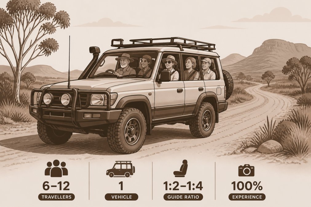 A small group of travellers in a purpose-designed 4WD vehicle on a scenic outback road, with travellers relaxed and comfortable, showing the intimate atmosphere of small-group travel
