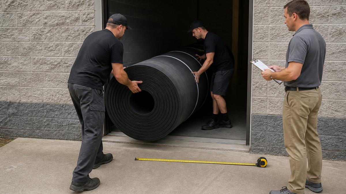 Professional delivery crew carefully positioning a large rolled gym mat through a facility entrance doorway, with facility manager consulting clipboard and measuring tape visible on concrete floor