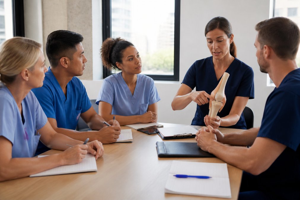 Clinical staff in a modern healthcare training session, diverse team members in scrubs and uniforms seated around a table taking notes, engaged with trainer demonstrating techniques, natural daylight from large windows